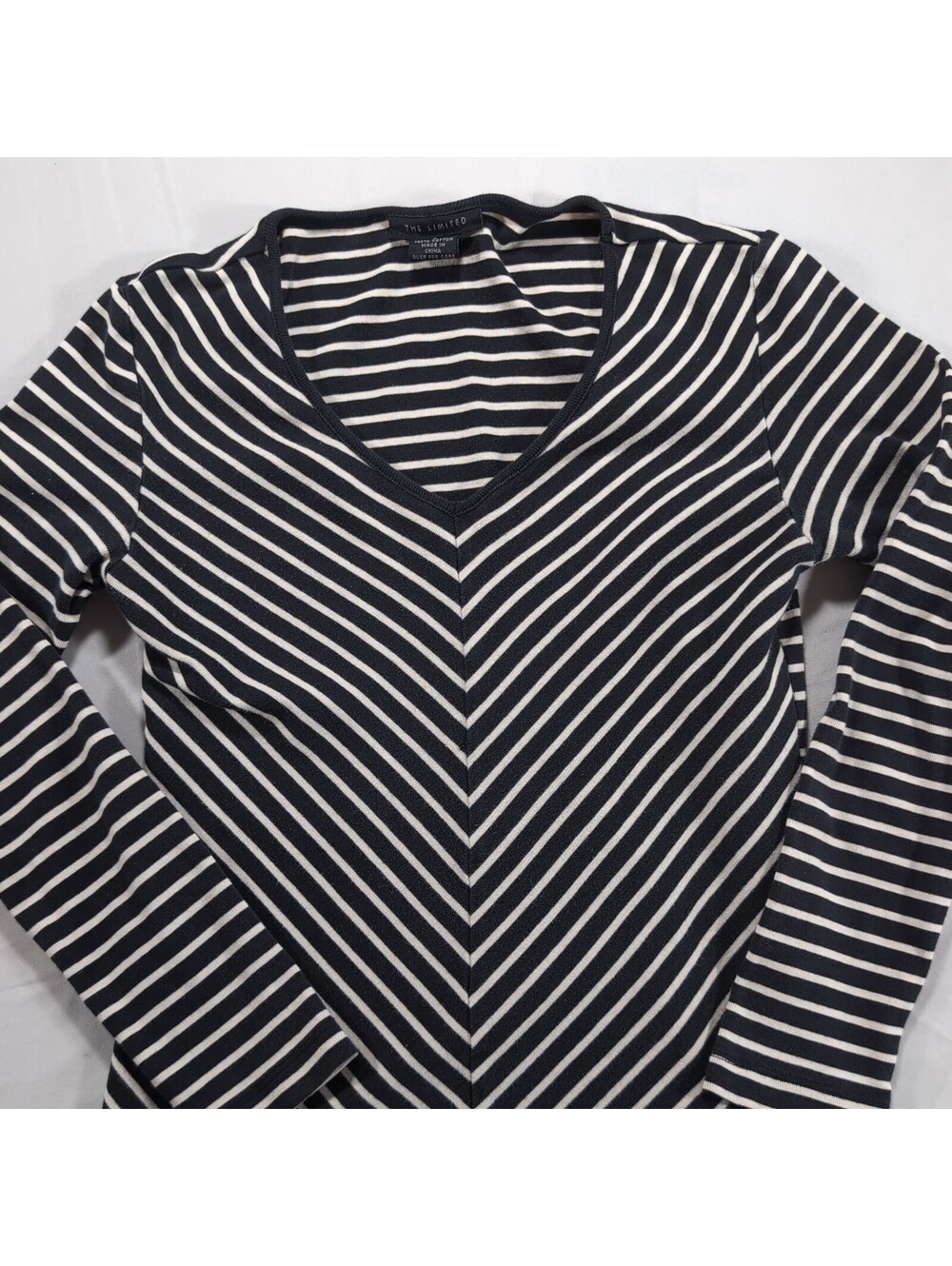 The Limited black and white striped long sleeve V neck top